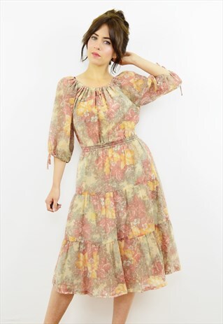 70S PASTEL FLORAL PRINT TIERED PEASANT DRESS
