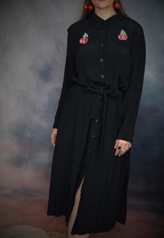 REWORKED BLACK LONG BUTTON DRESS CHERRY EMO GOTH ALTERNATIVE