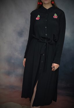 reworked black long button dress cherry emo goth alternative