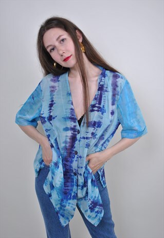 70S ABSTRACT PATTERN BLUE OVERSIZE CLOAK, RAVE BLOUSE