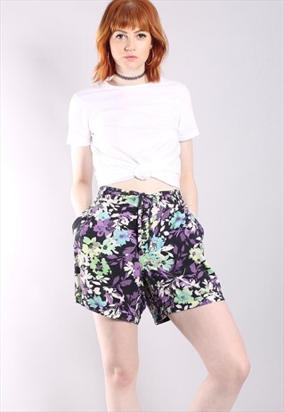 VINTAGE 90S NEON FLORAL HIGH WAISTED FESTIVAL SHORTS