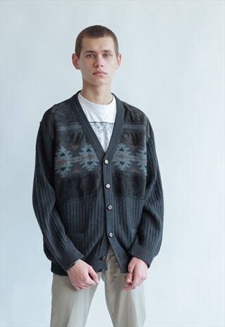 VINTAGE 80S GRANDADS CARDIGAN IN ABSTRACT PATTERN