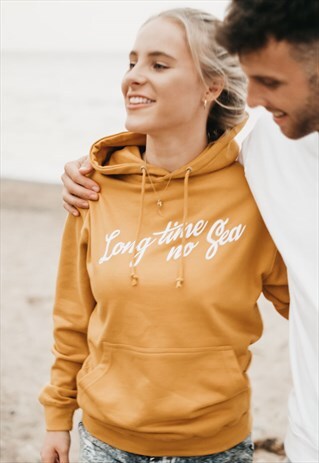 'LONG TIME NO SEA' WOMENS SLOGAN HOODIE IN MUSTARD YELLOW