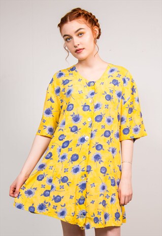 VINTAGE 90'S YELLOW FLOWER PATTERN OVERSIZE MINI DRESS
