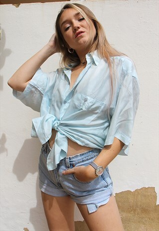 PALE ICE BLUE PURE SILK SHORT SLEEVED SHIRT