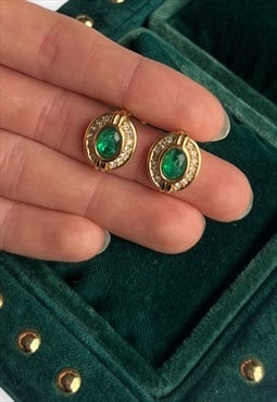 Dior earrings gold tone emerald green stone vintage 80s