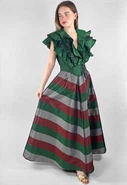 Yvette of Paris 70's Stripe Ruffle Green Evening Maxi Dress
