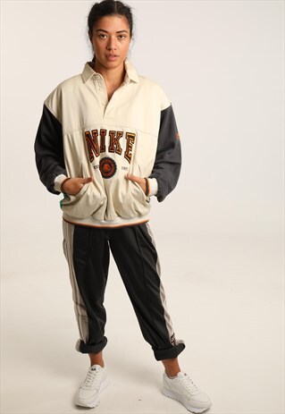 VINTAGE NIKE EMBROIDERED SPELL OUT BUTTON UP SWEATSHIRT