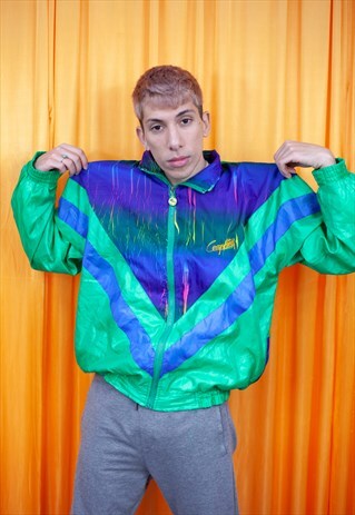 VINTAGE 80S WINDBREAKER SHELL JACKET GREEN BLUE GEOMETRIC