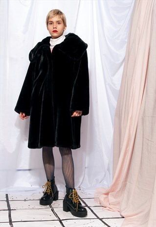 FAUX FUR WINTER COAT 80S VINTAGE PLUSH COAT IN BLACK