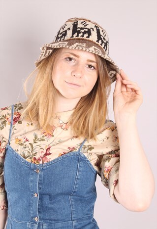 VINTAGE 90S ALPACA WOVEN PERUVIAN FESTIVAL BUCKET HAT