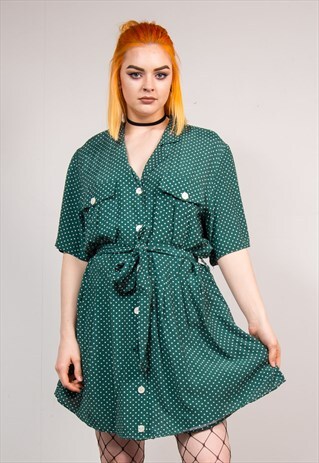 90'S VINTAGE DARK GREEN OPEN COLLAR STAR PATTERN MINI DRESS