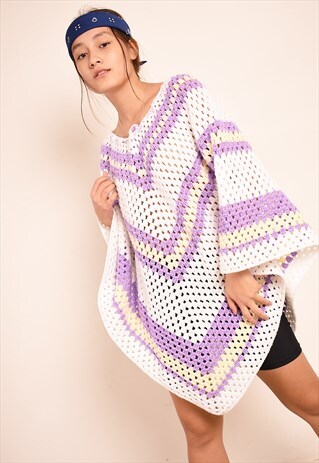 VINTAGE 70'S MOD HANDKNIT CROCHET HONEYCOMB CAPE PONCHO