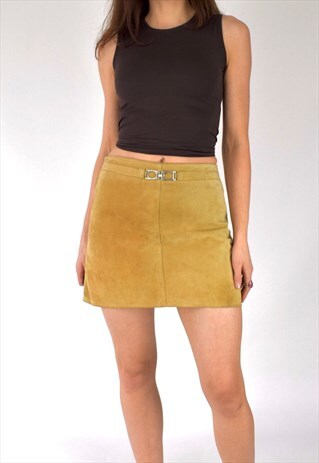 VINTAGE 90S LEATHER SUEDE MINI SKIRT WITH SILVER BUCKLE 8-10