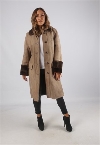 VINTAGE SHEEPSKIN SUEDE SHEARLING COAT MID LONG UK 12 (C9AK)