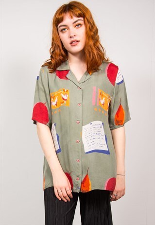 VINTAGE 90'S GREEN FRUIT PRINT SHORT SLEEVE BLOUSE SHIRT