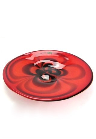 50S MURANO GLASS STYLE LARGE OVAL PLATE RED BLACK FLOWER
