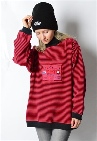 VINTAGE 80S RED BLACK STRIPE TURTLENECK SWEATSHIRT