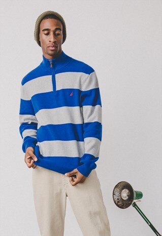 NAUTICA 1/4 ZIP SWEATER/ MENS JUMPER IN BLUE/GREY STRIPE