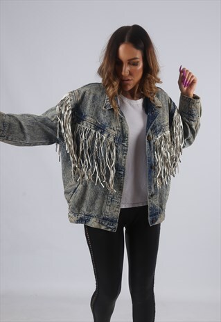 VINTAGE DENIM TASSEL FRINGE JACKET ACID WASH UK 14 (KBP)
