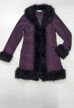 Y2K Chilli Pepper Fur Trim Afghan Coat Purple