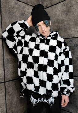 Checkerboard fleece jacket detachable check jacket in white