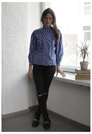 VINTAGE 80'S BLUE CHECKED HIGH COLLAR BLOUSE