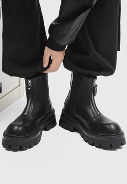 Zip up boots chunky sole ankle shoes tractor trainers black