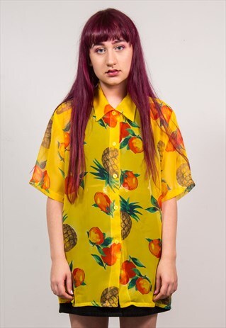VINTAGE 90'S YELLOW FRUIT PRINT SHEER SHORT SLEEVE SHIRT
