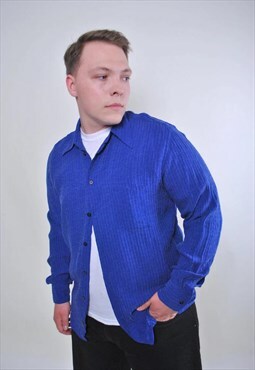 Men vintage blue striped evening party shirt 
