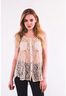 Collarless Shirt in Floral Lace and Chiffon in Cream
