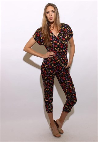 VINTAGE 1980'S 80'S BLACK FLORAL PRINT JUMPSUIT ROMPER S-M