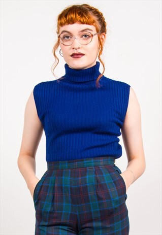 VINTAGE 70'S NAVY BLUE RIBBED TURTLE NECK KNIT TOP