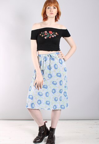 VINTAGE 90S RETRO FLORAL PATTERNED TIE FRONT MIDI SKIRT