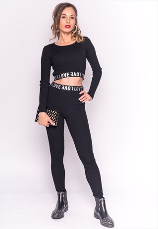 LOGO STRAPPY ELASTIC BAND KNITTED CROPPED TOP LEGGINGS SUITS