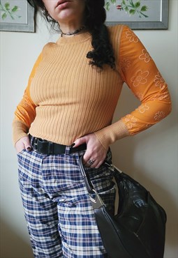Y2K retro orange mesh sleeves minimalist top blouse