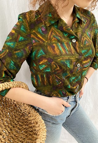 VINTAGE 60S ABSTRACT PRINT MOD HAUTE BOHEME BLOUSE TOP