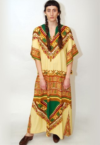 VINTAGE CAFTAN DRESS GOWN 60S MAXI ANGEL WING SLEEVE FLOWY