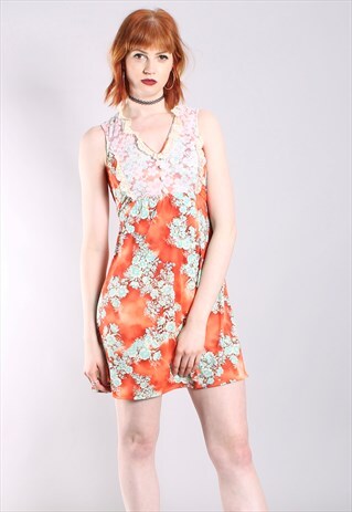 VINTAGE 70S FLORAL LACE TRIM TIE BACK MINI DRESS