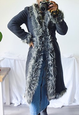 Vintage Y2K Afghan Coat Grey Faux Fur Trim