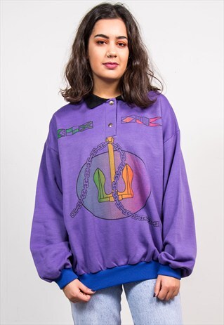 90'S VINTAGE PURPLE GRAPHIC COLLARED SWEATSHIRT