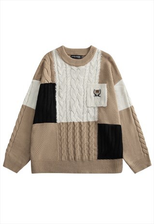 KALODIS VINTAGE COLOR BLOCK POCKET CREW NECK KNIT SWEATER