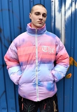 Clouds print bomber tie-dye rainbow raver puffer jacket pink