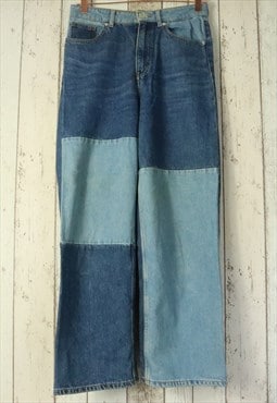 Retro Y2K Blue Contrast Block Straight Denim Jeans Trousers