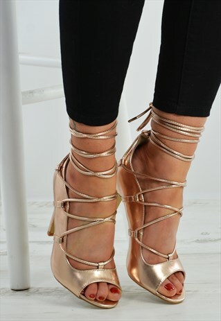 GOLD LACE UP ANKLE STRAP WOMENS STILETTO SANDALS SHOES