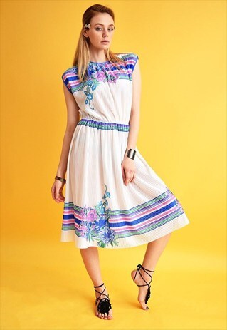 70'S FLORAL & STRIPED PATTERN PLEATED ELEGANT MIDI DRESS