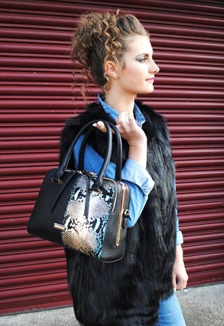 RAVEN GRAB BAG IN BLACK WITH FAUX SNAKESKIN METALLIC TRIM