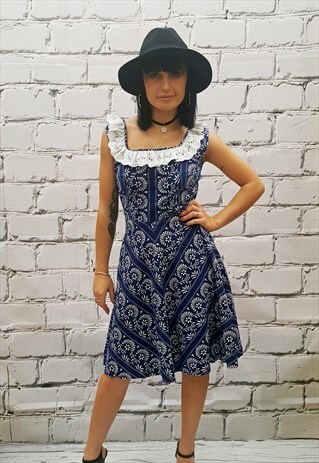 VINTAGE NAVY BLUE AND WHITE PRINT SLEEVELESS DRESS