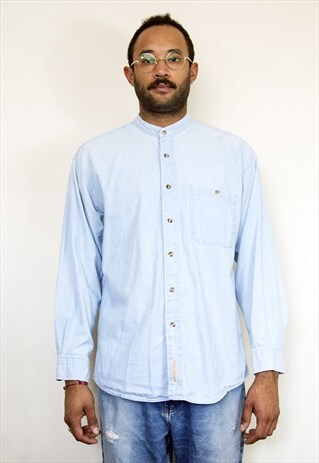 90S CLASSIC LUXURY ROUND COLLAR BLUE CHAMBRAY SHIRT MEDIUM