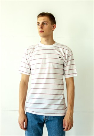 VINTAGE RETRO WHITE RED STRIPY LACOSTE T-SHIRT TOP